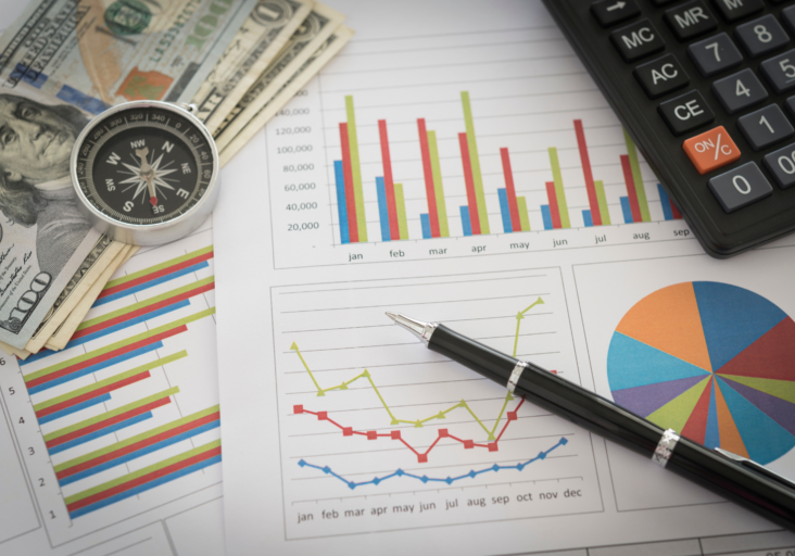 graphs with lines, money, calculator